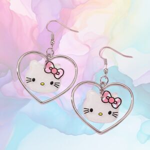 Dangle HELLO KITTY Silver Open Heart Earrings Pink Bow